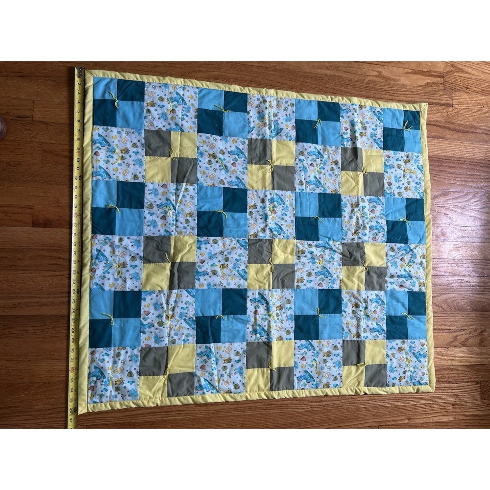 Handmade Baby Quilt Blue Yellow Patchwork Tied Quilt Blanket 38x38